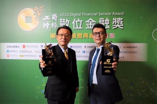 （群益期货荣获工商时报「数位金融奖」肯定，董事长贾中道(左)与总经理毛振华(右)分享荣耀。图／群益期货提供）