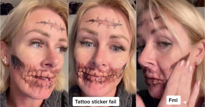 女子万圣节后发现脸上的纹身贴纸根本卸不掉，让她崩溃隔天就要上班开会。（图／翻摄自TikTok）