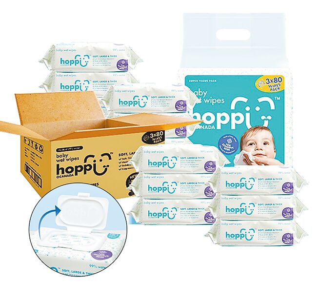 虾皮购物双11当天凌晨0点开抢Hoppi婴儿纯水溼巾箱购，原价1999元，优惠价399元。（虾皮购物提供）