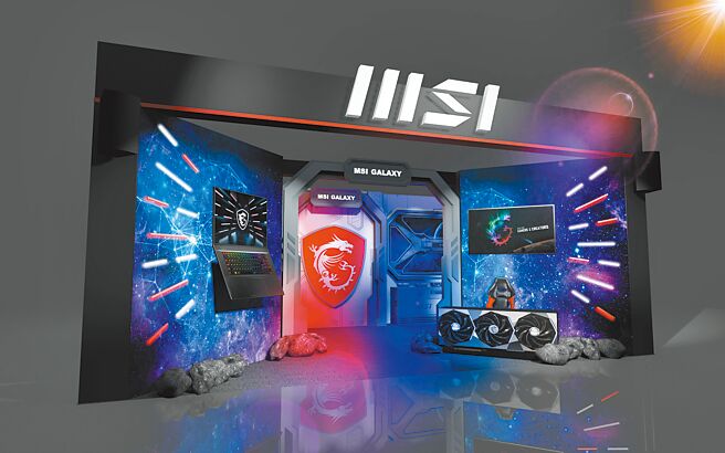 MSI于WirForce 2022中打造「龙魂星际战舰」场景，在入口处摆放巨型拟真Stealth GS77电竞笔电及GeForce RTX 4090 SUPRIM X 24G显示卡超吸睛。（MSI提供）