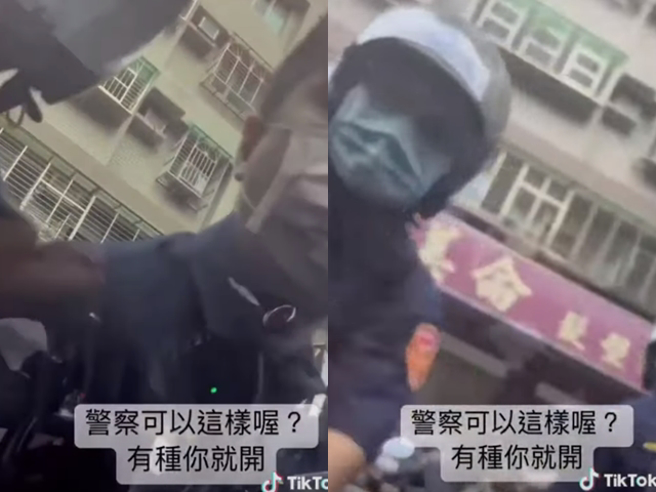 男子驾车临停路边长达20分钟，遭警方上前关切后，他见状欲驶离，遭警方怒斥下车，男子还说他是无照，但并非现行犯，拒绝下车喊「有种你就开」。（翻摄自记者爆料网）