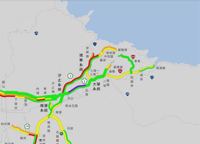 国道1号汐止南下路段主线抢通后，除五堵到汐止间不可避免「紫爆」外，国3基金至汐止系统段也出现大批车潮。（摘自高公局1968网页／张志康基隆传真）
