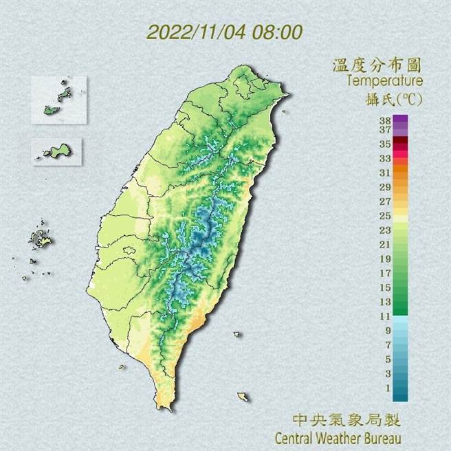 中央氣象局預報指出，今天（４日）東北季風增強，溫度下降、水氣稍增多；北臺灣白天高溫下降到２２至２４度，中南部及花東為２６至２９度，而夜晚低溫各地大多為１９至２１度，北臺灣整日氣溫變化不大，為濕涼陰雨的天氣。（翻攝自中央氣象局／林良齊台北傳真）