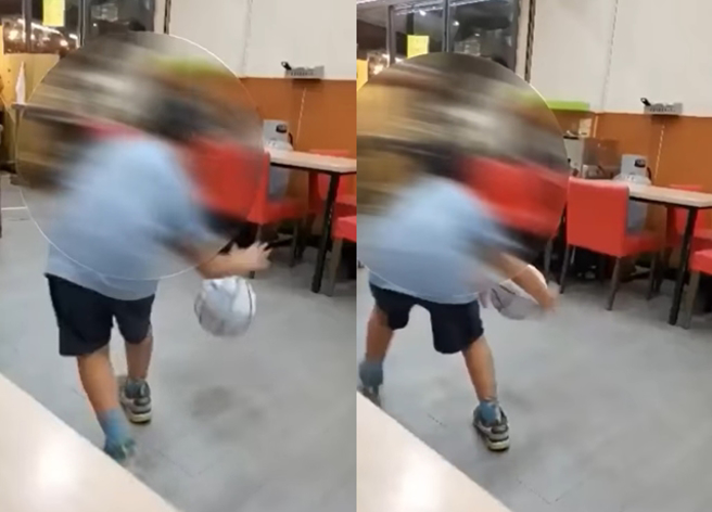 媽媽帶著孩子到燒臘店用餐，竟然見到老闆娘兒子店內打起籃球。（翻攝自臉書爆怨公社）