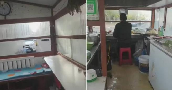 男子在餐车内吃早餐，没想到车子启动开了一小段路。（图／翻摄自微博）