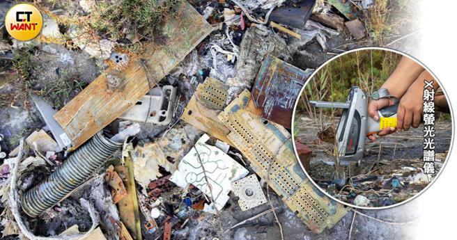 台南社大副研究员林政翰使用X射线萤光光谱仪检测遭埋废弃物的土壤，发现铜含量超过4万ppm，是正常值的百倍以上。（图／黄威彬摄，CTWANT合成）