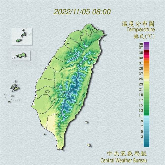 中央氣象局預報指出，今天（5日）受東北季風影響，夜晚清晨低溫各地落在19到21度，白天高溫上，桃園以北、宜蘭、花蓮約略22、23度，整天溫度變化不大，感受濕涼，其他地方仍有25度以上高溫，清晨較涼，白天溫暖舒適，日夜溫差較大。（翻攝自中央氣象局／林良齊台北傳真）