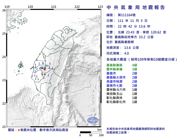 22:42嘉义发生有感地震，最大震度4级。（图／气象局）