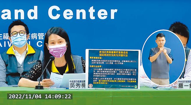 中央流行疫情指挥中心4日举行严重特殊传染性肺炎记者会，食药署长吴秀梅说明高端保护效益报告专家审核情形。（摘自中央流行疫情指挥中心直播）