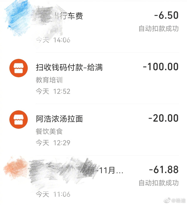 杨迪在微博晒出100元的转帐纪录，惊觉付费对象竟显示教育培训。(图/杨迪 微博)