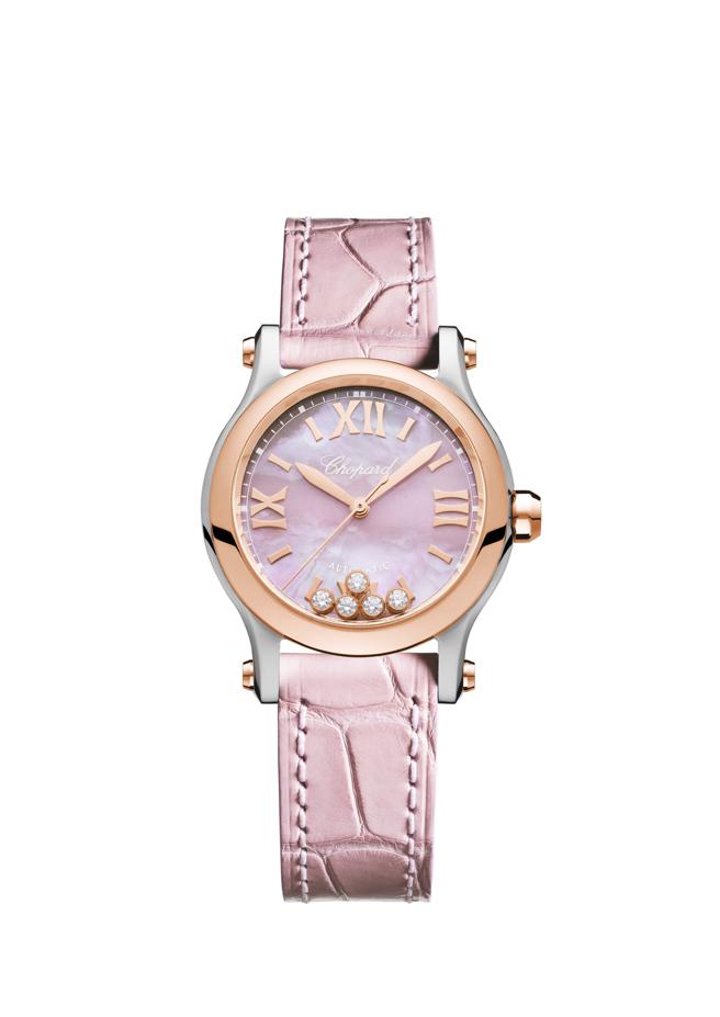 蕭邦Happy Sport珍珠母貝表盤滑動鑽石珠寶表，30萬7000元。（CHOPARD提供）