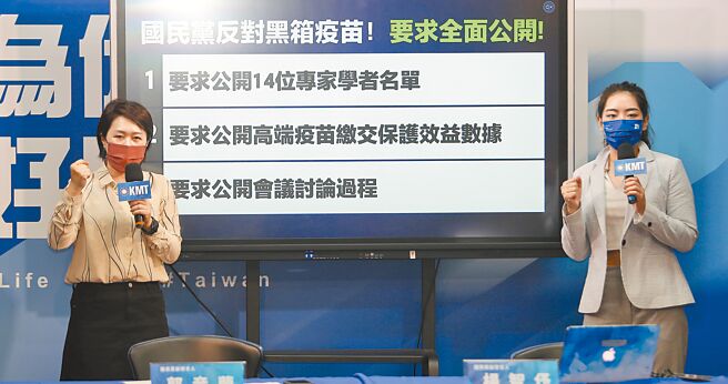 國民黨5日召開「高端專家會議用舉手表決 專業判斷竟淪為開班會？」副發言人郭音蘭（左）與楊智伃（右）表示， 反對黑箱疫苗，要求公開14位專家學者名單，公開高端疫苗繳交保護效益數據與公開會議討論過程。（季志翔攝）