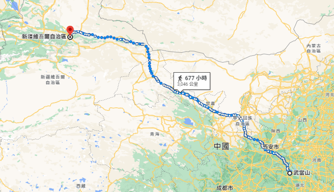 依照Google地图，武当派或少林寺要攻打明教，得走上1个月。（翻摄Google Map）
