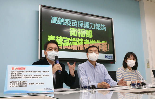 国民党立法院党团7日由总召曾铭宗（中）、首席副书记长谢衣凤（右）以及立委费鸿泰（左）召开「高端疫苗保护力报告卫福部竟替高端补考缴作业！」记者会，痛批蔡英文政府图利高端，护航护成「国际级丑闻」，将追究相关官员的行政、法律和政治责任，并指高端违反当初核发EUA的附加条件，请卫福部依法撤销高端EUA，追讨购买高端疫苗40.3亿的经费。（赵双杰摄）