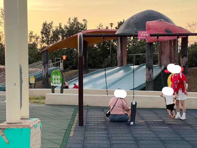 一名女子无视秋千年龄限制，玩到把秋千坐断，被旁边的妈妈们目睹。(翻摄自路上观察学院FB)