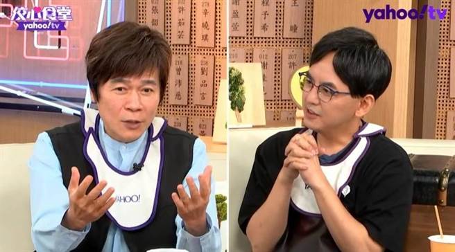 洪榮宏（左）與黃子佼分享生活點滴及唱歌故事。（Yahoo TV《佼心食堂》提供）