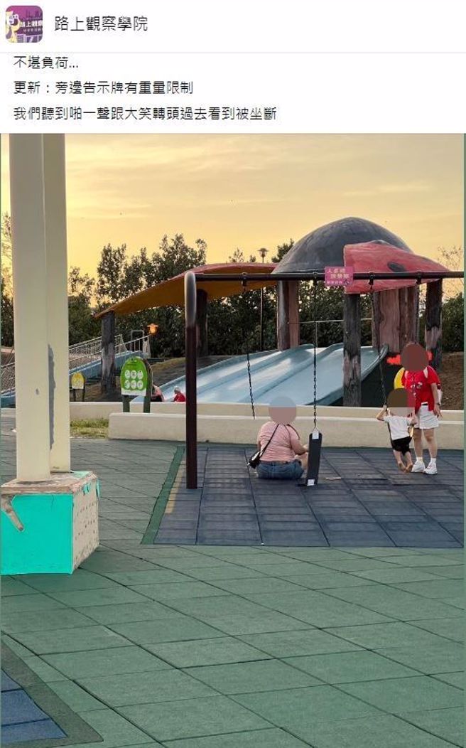 对于大人玩小孩的盪秋千玩到坏掉，网友们都表示「所以真的会坏掉」、「巴比Q了，公物都很贵」。(翻摄自路上观察学院FB)
