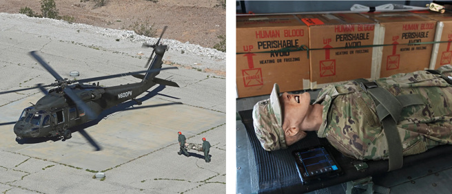 将模拟伤者(右)运给无人直升机。(图/Sikorsky )