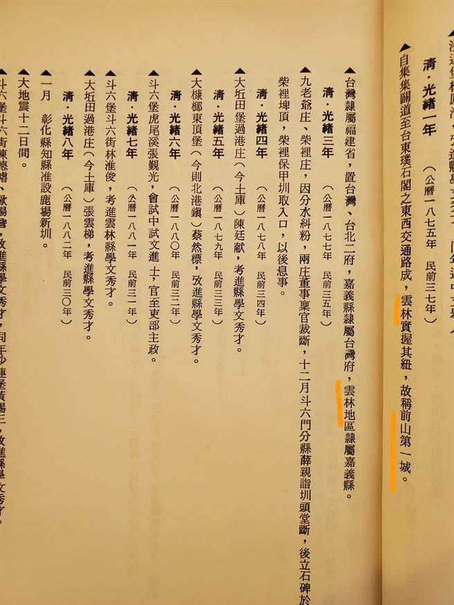据「云林县志稿」所述，云林县在清朝光绪一年（1875年）已有前山第一城之名。（周丽兰摄）