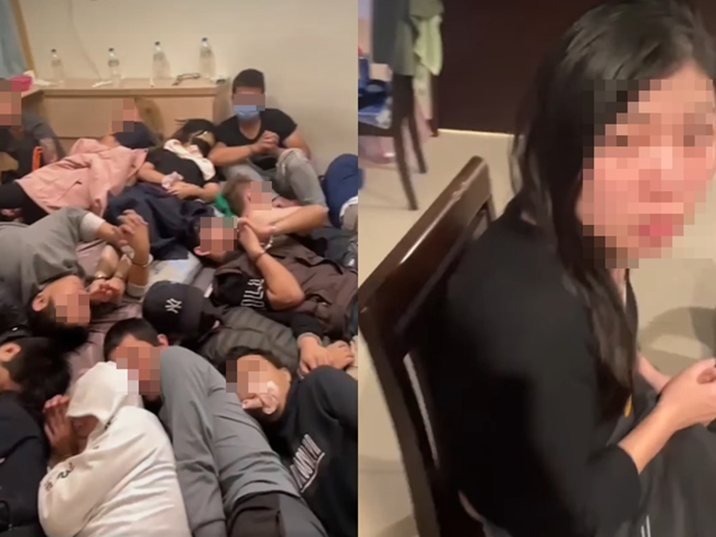 网路近日流传一段20多人被关在在淡水新市镇的某住家内，20多人全被铐手脚、蜷缩倒地，有人遭蒙眼、塞嘴，门外还有女子坐着，双眼泛红看似无助。（翻摄自脸书「爆料公社」）