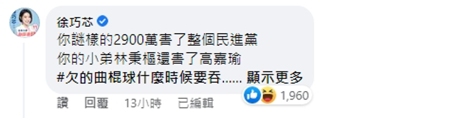 国民党台北市议员徐巧芯现身留言，获得大批网友按讚。（图／截自段宜康脸书）
