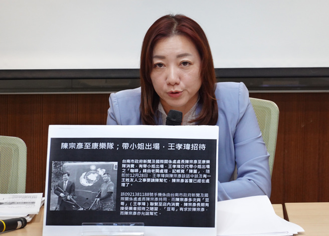 民眾党立委陈琬惠17日举行记者会，揭露行政院长发言人陈宗彦担任台南市新闻及国际关系处处长时疑似不当接受业者性招待。（姚志平摄）