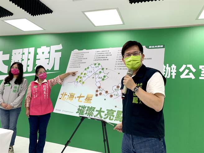 民进党新北市长候选人林佳龙（右）批，银河湾计画无完整配套，土地开发模式就是炒地皮。（陈慰慈摄）