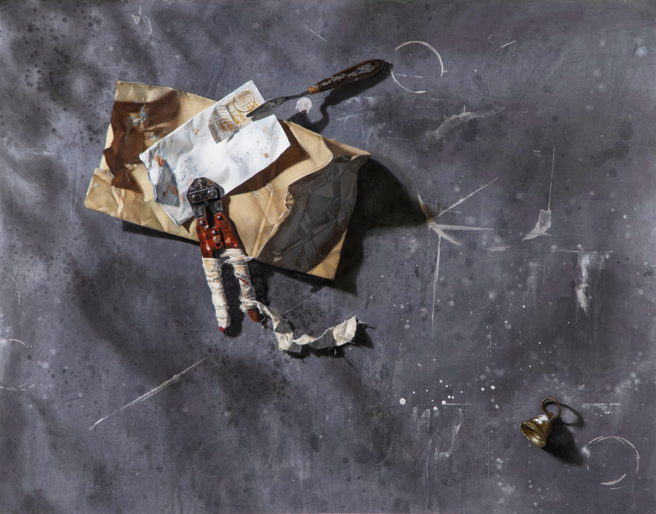 静物舞台剧(第五幕)来自远方的家书油画40F 2022。(照片/玄奘大学提供)