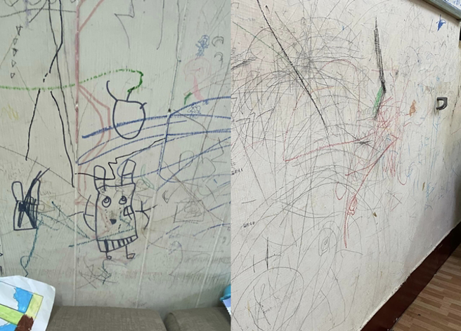 有名爸爸分享家中墙壁成为了小孩的「涂鸦画布」，也苦笑表示每天下班打开门看到墙壁，一整天疲劳都不见了。（翻摄自脸书爆废公社公开版）