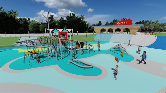 西滨庆安水道水岸游憩公园，包含活动广场、亲子海洋游乐场、儿童自行车练习场、越野单车PUMP TRACK场地 、宠物公园及停车场等。（吴敏菁摄）