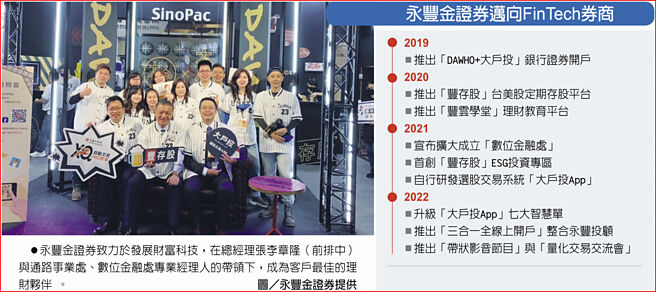 永丰金证券迈向FinTech券商　永丰金证券致力于发展财富科技，在总经理张李章隆（前排中）与通路事业处、数位金融处专业经理人的带领下，成为客户最佳的理财伙伴 。图／永丰金证券提供
