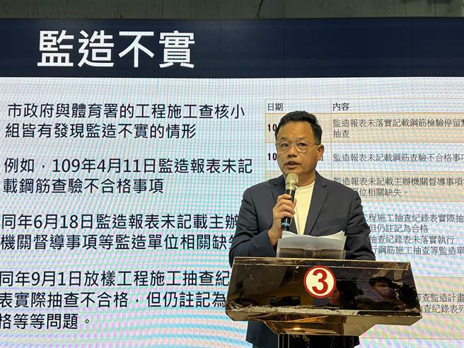 國民黨新竹市長候選人林耕仁延續揭弊主軸，10日在競總開記者會，質疑新竹棒球場涉嫌偷工減料，並要求新竹市政府說明。（王惠慧攝）