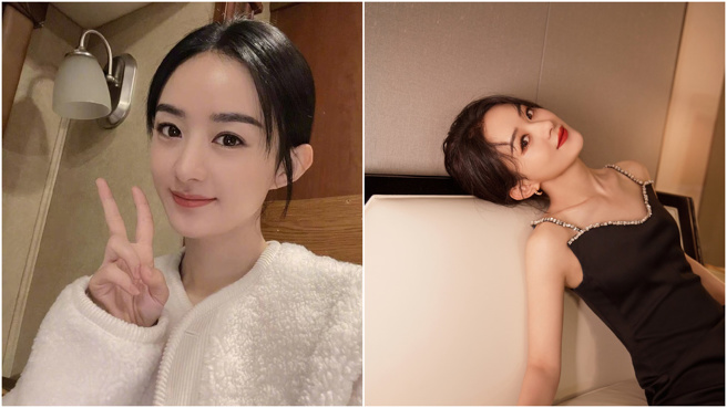 趙麗穎近日曬出低胸碎花裙美照。（圖／翻攝自趙麗穎微博、趙麗穎工作室微博）