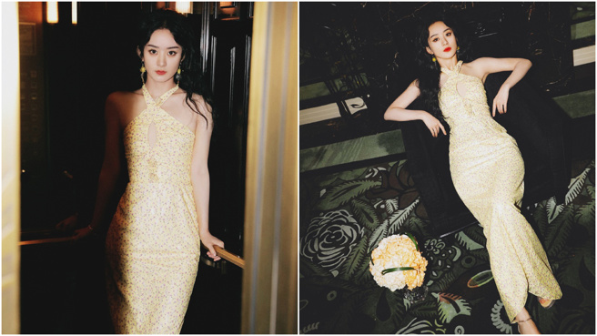趙麗穎曬出身穿低胸碎花裙的照片。（圖／翻攝自趙麗穎工作室微博）