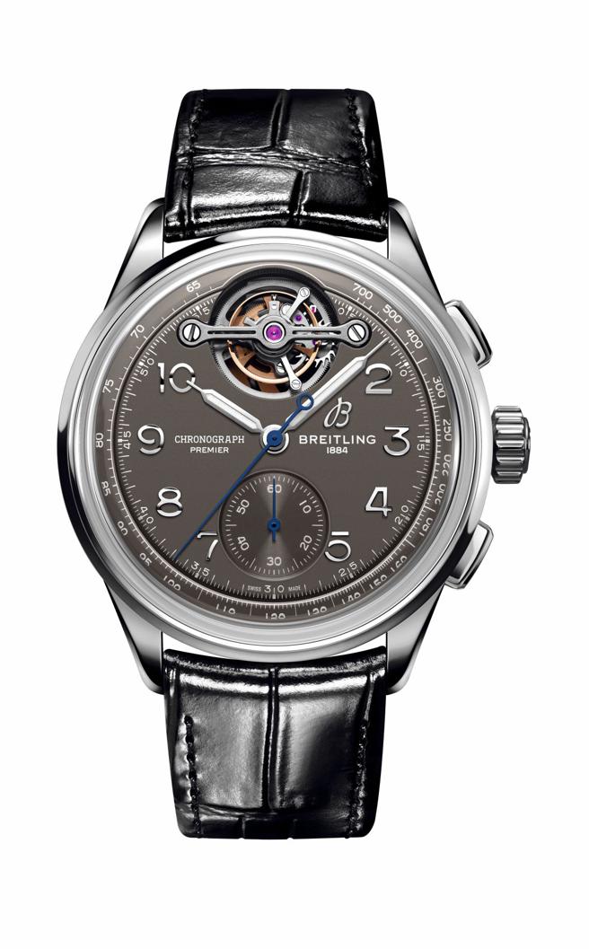 百年靈Premier B21 Chronograph Tourbillon 42 Gaston Breitling白金款計時碼表，180萬元。（BREITLING提供）
