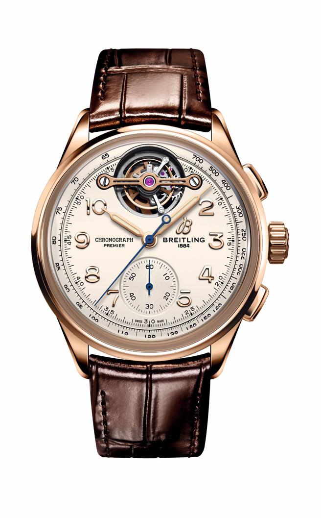 百年靈Premier B21 Chronograph Tourbillon 42 Leon Breitling紅金款計時碼表，180萬元。（BREITLING提供）