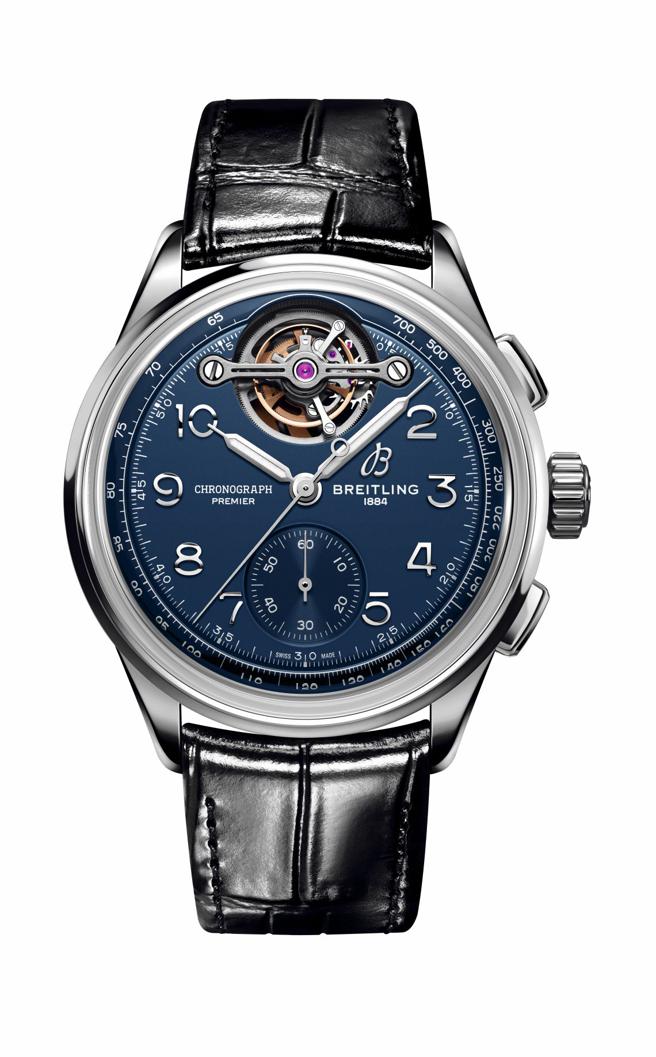 百年靈Premier B21 Chronograph Tourbillon 42 Willy Breitling鉑金款計時碼表，210萬元。（BREITLING提供）