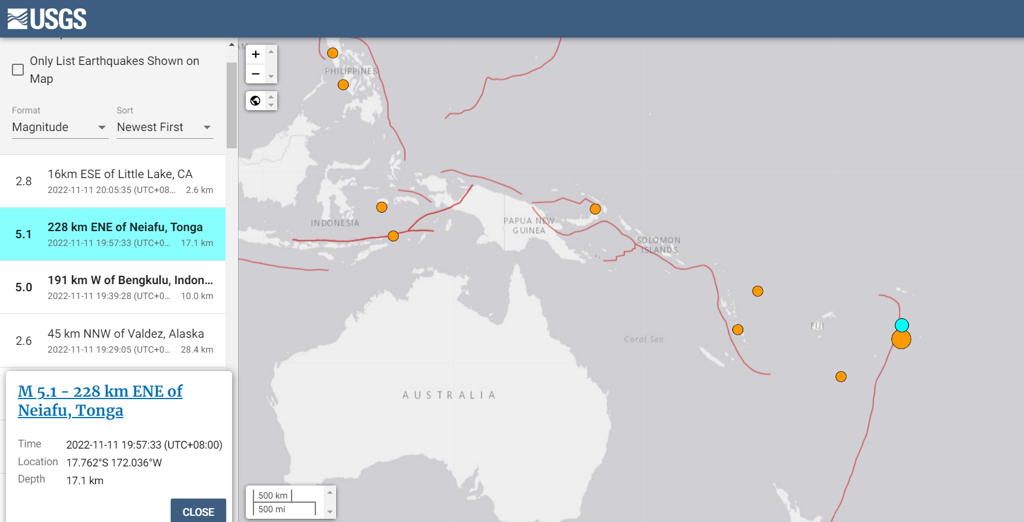 南太平洋岛国东加于当地时间今19点57分台湾时间18时48分发生芮氏规模7.3级强震，地震深度达24.8公里。图/截自美国地质调查局网站(photo:ChinaTimes)