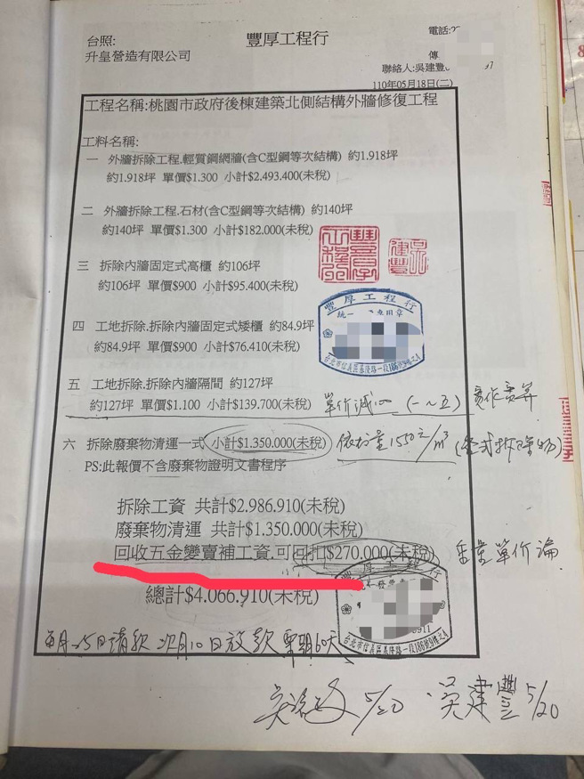 合约上面明显有升皇老板签名，载明拆除后回收物属「丰厚工程行」所有。（图／投诉人提供）