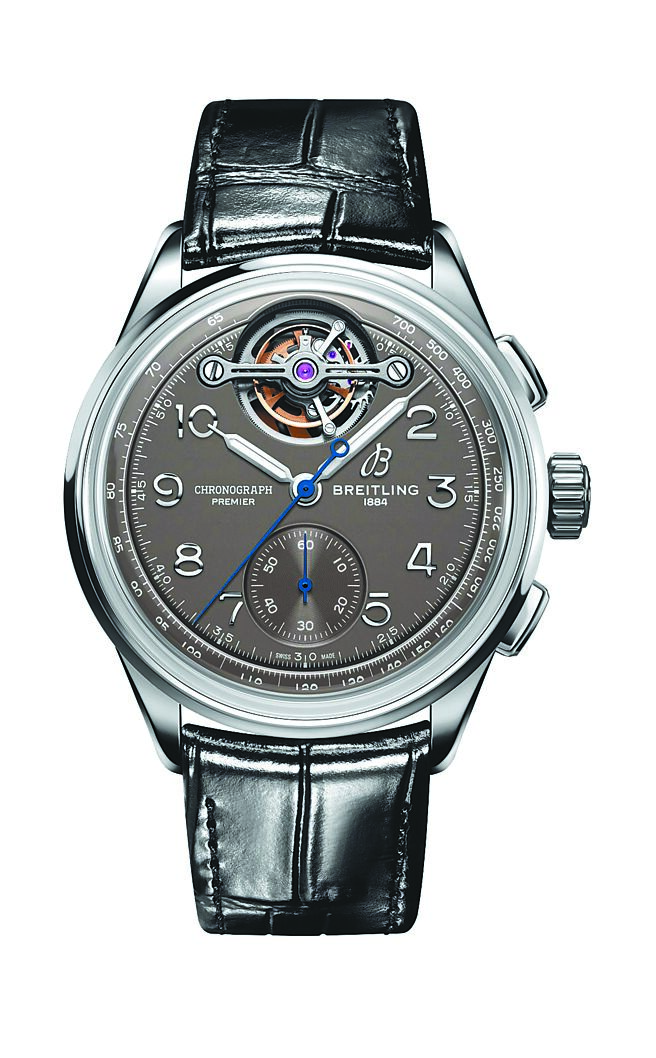百年灵Premier B21 Chronograph Tourbillon 42 Gaston Breitling白金款计时码表，180万元。（BREITLING提供）