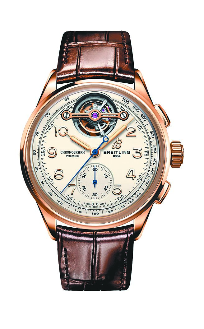 百年灵Premier B21 Chronograph Tourbillon 42 Leon Breitling红金款计时码表，180万元。（BREITLING提供）