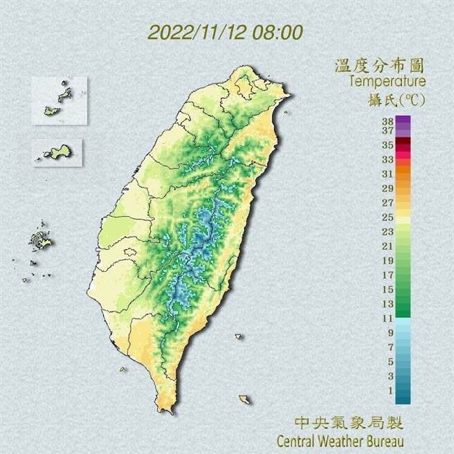 中央氣象局預報指出，今天（１２日）水氣較少，各地大多陽光普照，僅迎風面的基隆北海岸及東半部有零星飄雨；氣溫方面，西半部及東北部高溫普遍可達３０至３２度，局部近山區平地或河谷甚至還會再高一些，體感溫暖微熱，花東高溫約２９度，各地早晚低溫為２１至２４度。（翻攝自中央氣象局／林良齊台北傳真）