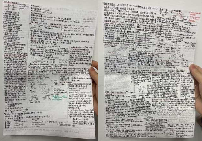 老师规定期中考男带一张A4纸小抄，没想到有同学写好写满带上场考试。(翻摄自Dcard)