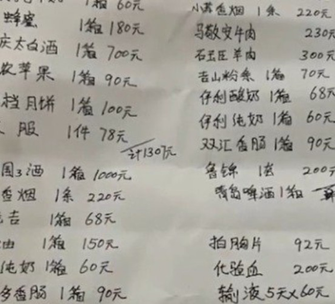 对方妈妈抛出的清单，有些品项也要几百元人民币。（翻摄自微博）