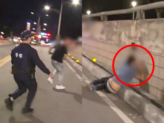 後車的4男1女肇事逃逸後又返回現場，竟當場與拍攝的記者起衝突，一男飆髒話吼「拍什麼東西啊」並推倒一名記者，另一男衝上前嗆聲後立刻遭強勢逮捕。（警方提供）