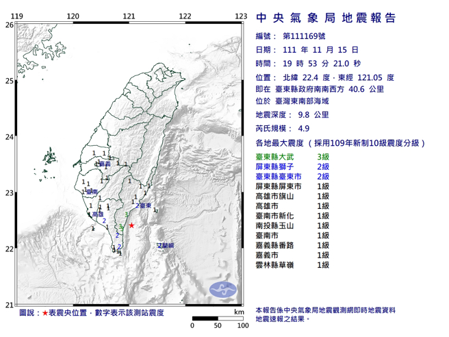 19:53台湾东南海域规模4.9地震 最大震度3级（气象局）