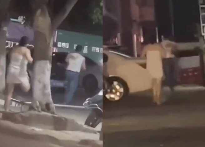 人妻因为偷吃遭抓包，竟直接在街头上狂追老公求解释。（翻摄自微博）