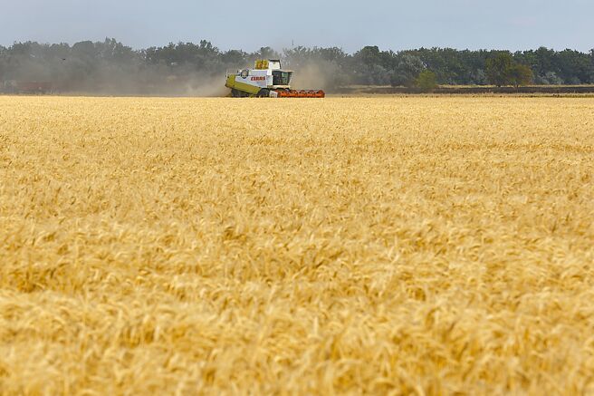 烏克蘭總統澤倫斯基昨日到達赫松，向聚集在該城市廣場上的士兵發表演說。圖為收割機於赫松的田野作業。（新華社）