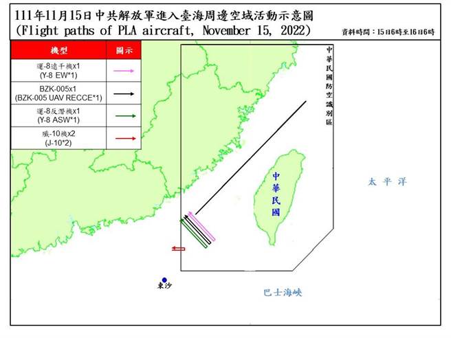 国防部表示，侦获的16架次共机中，有5架次逾越海峡中线及其延伸线进入西南空域。（国防部提供）