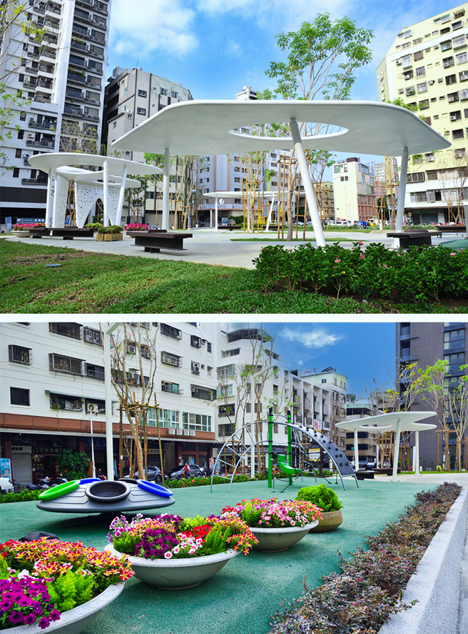 府北公园占地800多坪，开放性街角广场设计，可导引民眾进入公园(上)，通透明亮、视野宽阔的大草坪将可为府北路增添更新的面貌(下)。(图片提供/高雄市政府工务局养护工程处)